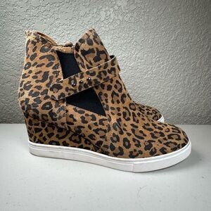 Linea Paolo Womens 6 Freshton Wedge Boots Brown Leopard Suede Zip Elastic Strap